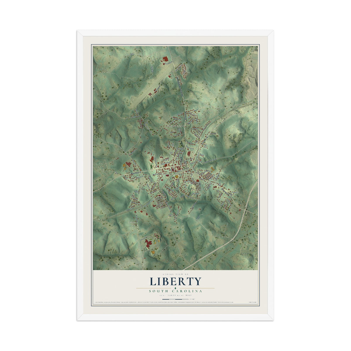 Map of Liberty, South Carolina, 12 x 18 inch print in a white wood frame