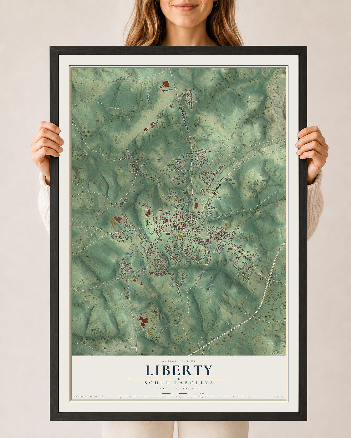Map of Liberty, South Carolina, 24 x 36 inch print in a black wood frame