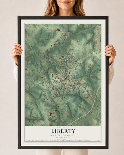 Map of Liberty, South Carolina, 24 x 36 inch print in a black wood frame