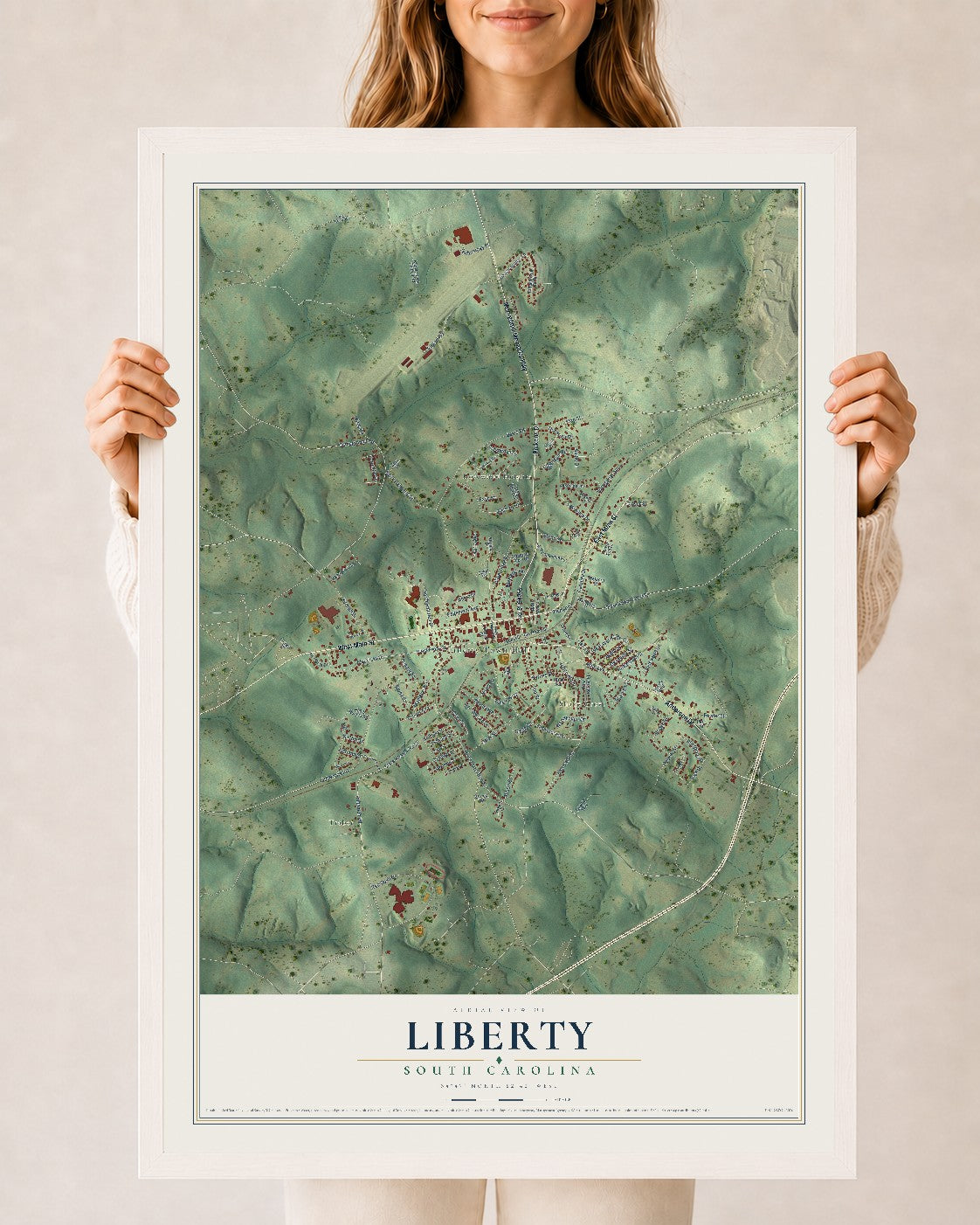 Map of Liberty, South Carolina, 24 x 36 inch print in a white wood frame