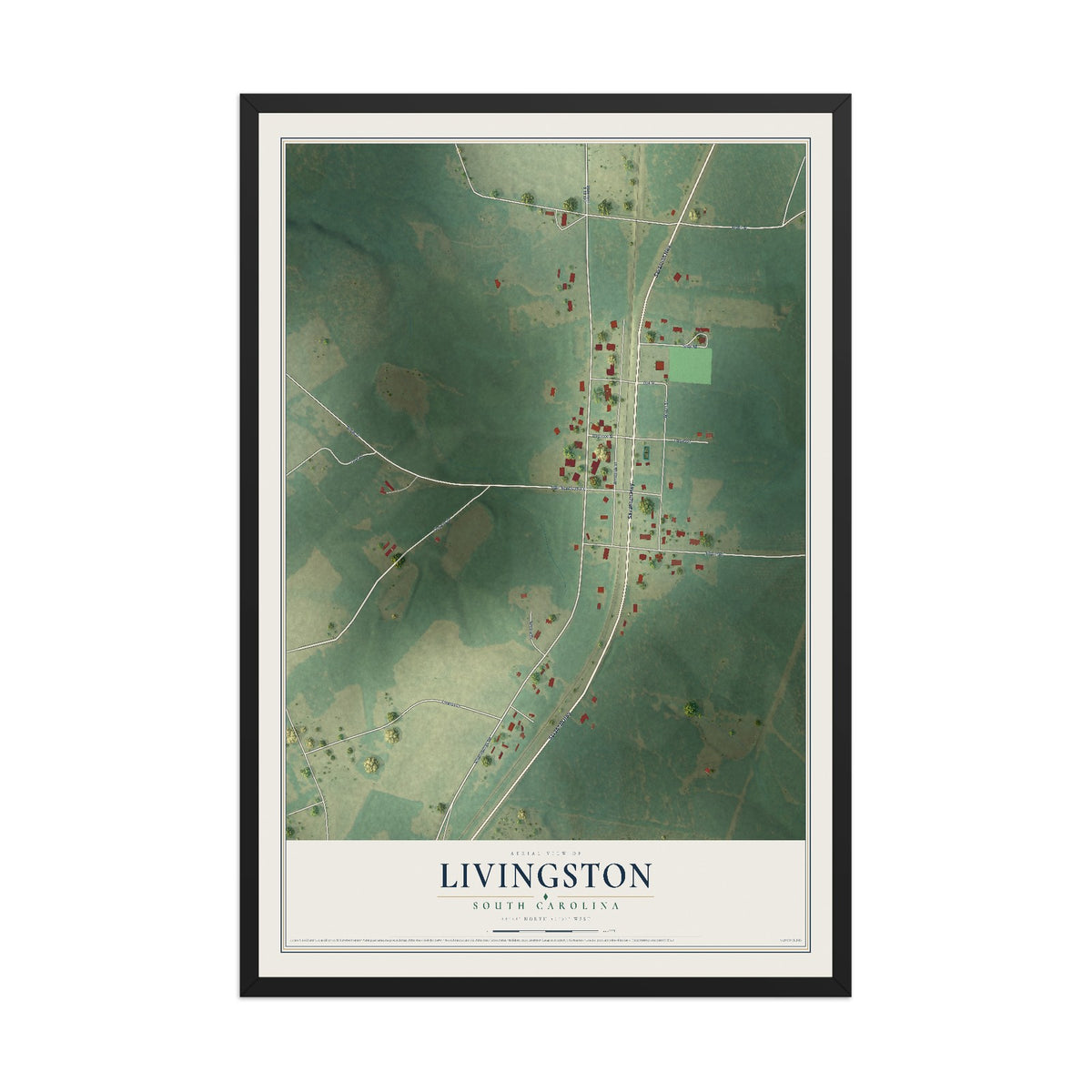 Map of Livingston, South Carolina, 12 x 18 inch print in a black wood frame