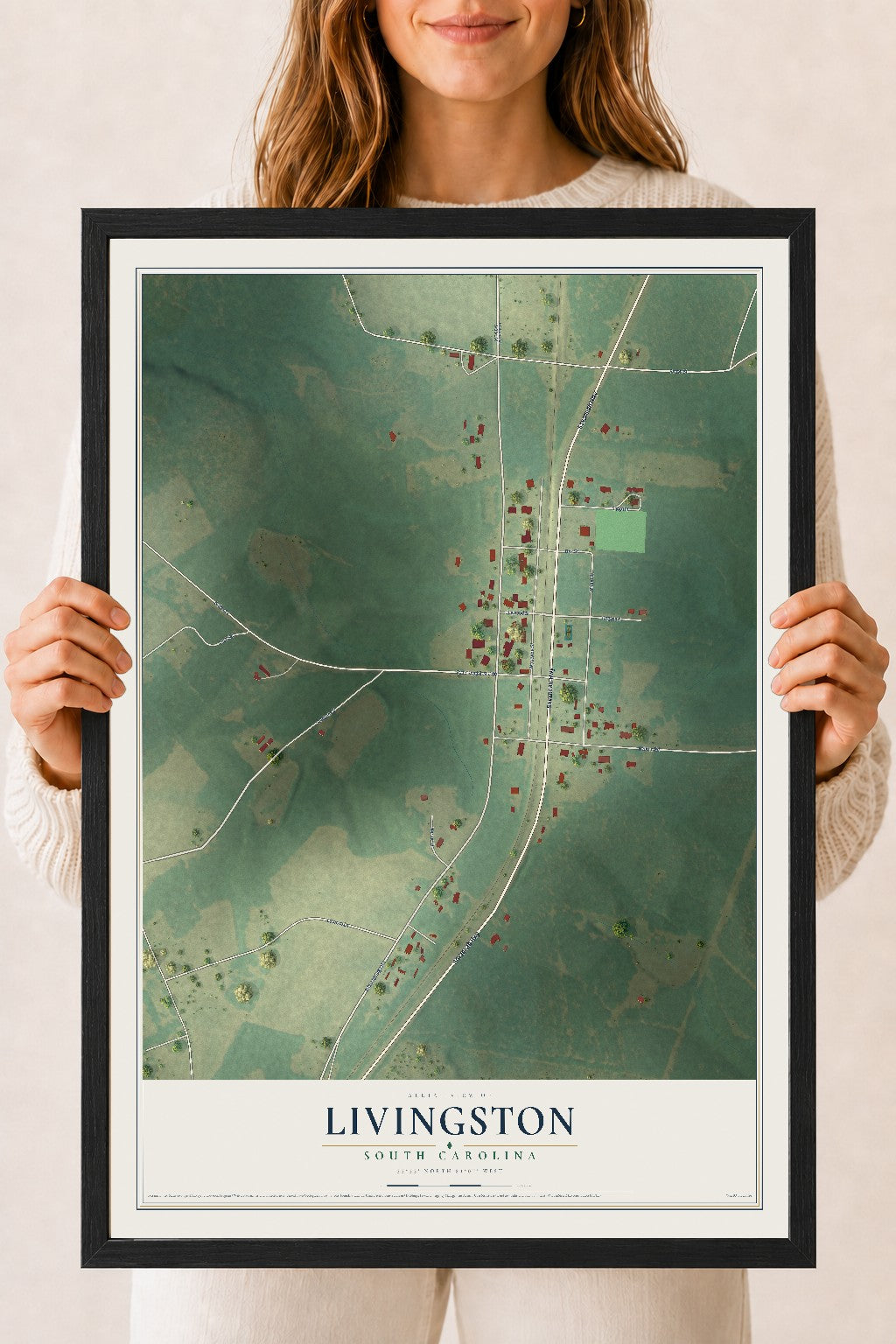 Map of Livingston, South Carolina, 18 x 24 inch print in a black wood frame