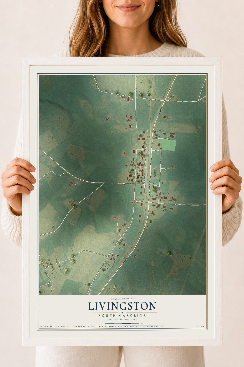 Map of Livingston, South Carolina, 18 x 24 inch print in a white wood frame