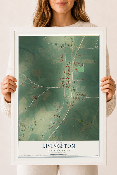 Map of Livingston, South Carolina, 18 x 24 inch print in a white wood frame