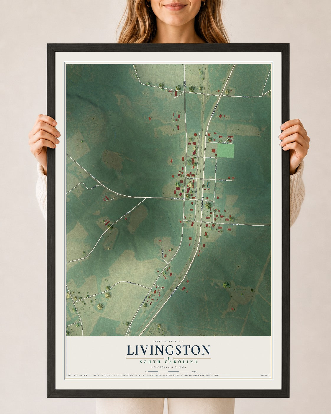 Map of Livingston, South Carolina, 24 x 36 inch print in a black wood frame