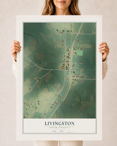 Map of Livingston, South Carolina, 24 x 36 inch print in a white wood frame