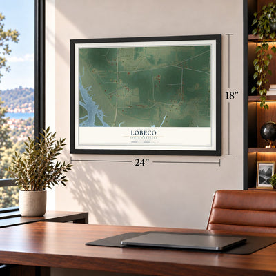 Lobeco, South Carolina map, 18 x 24 inch print in a black frame in a home office