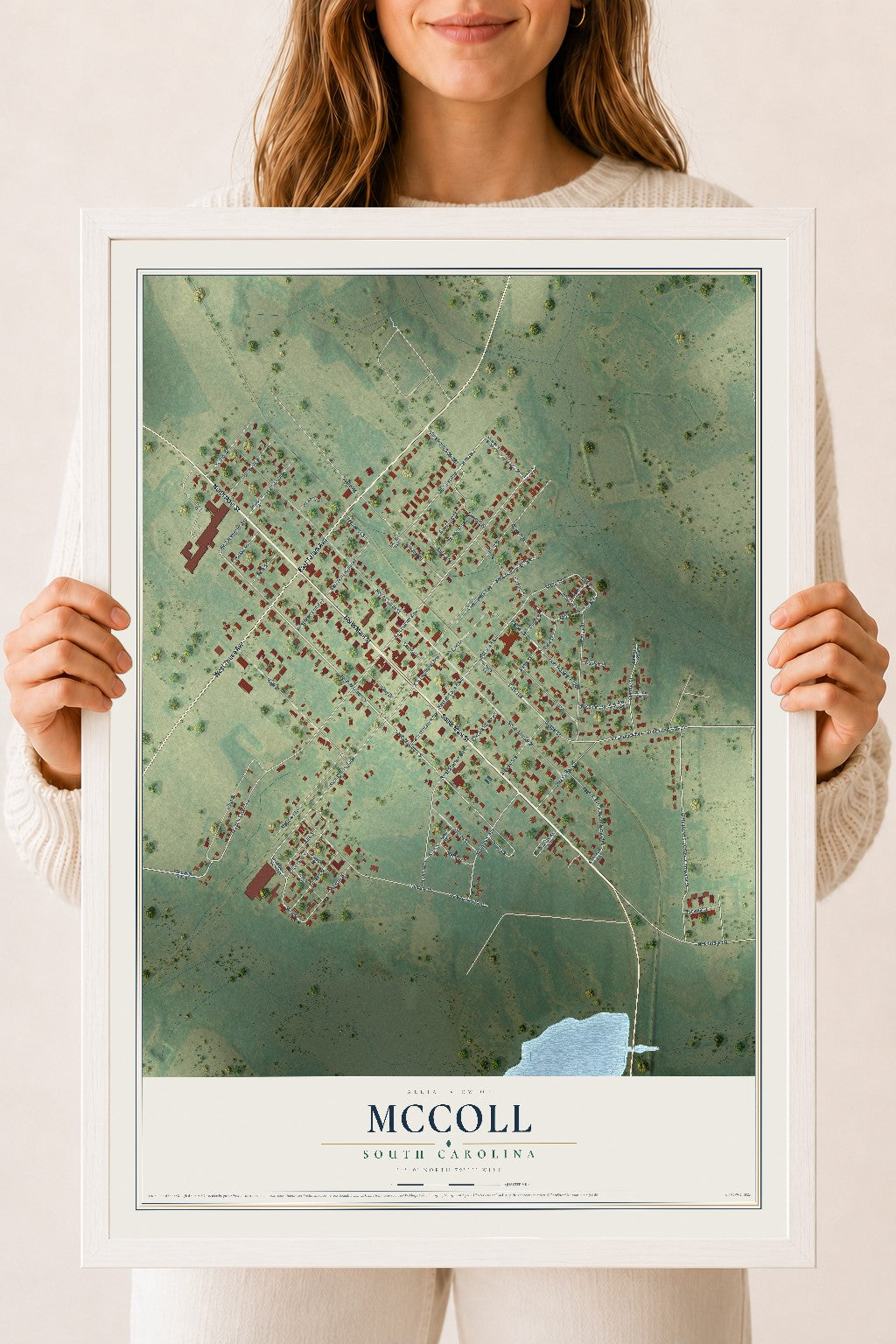 Map of McColl, South Carolina, 18 x 24 inch print in a white wood frame