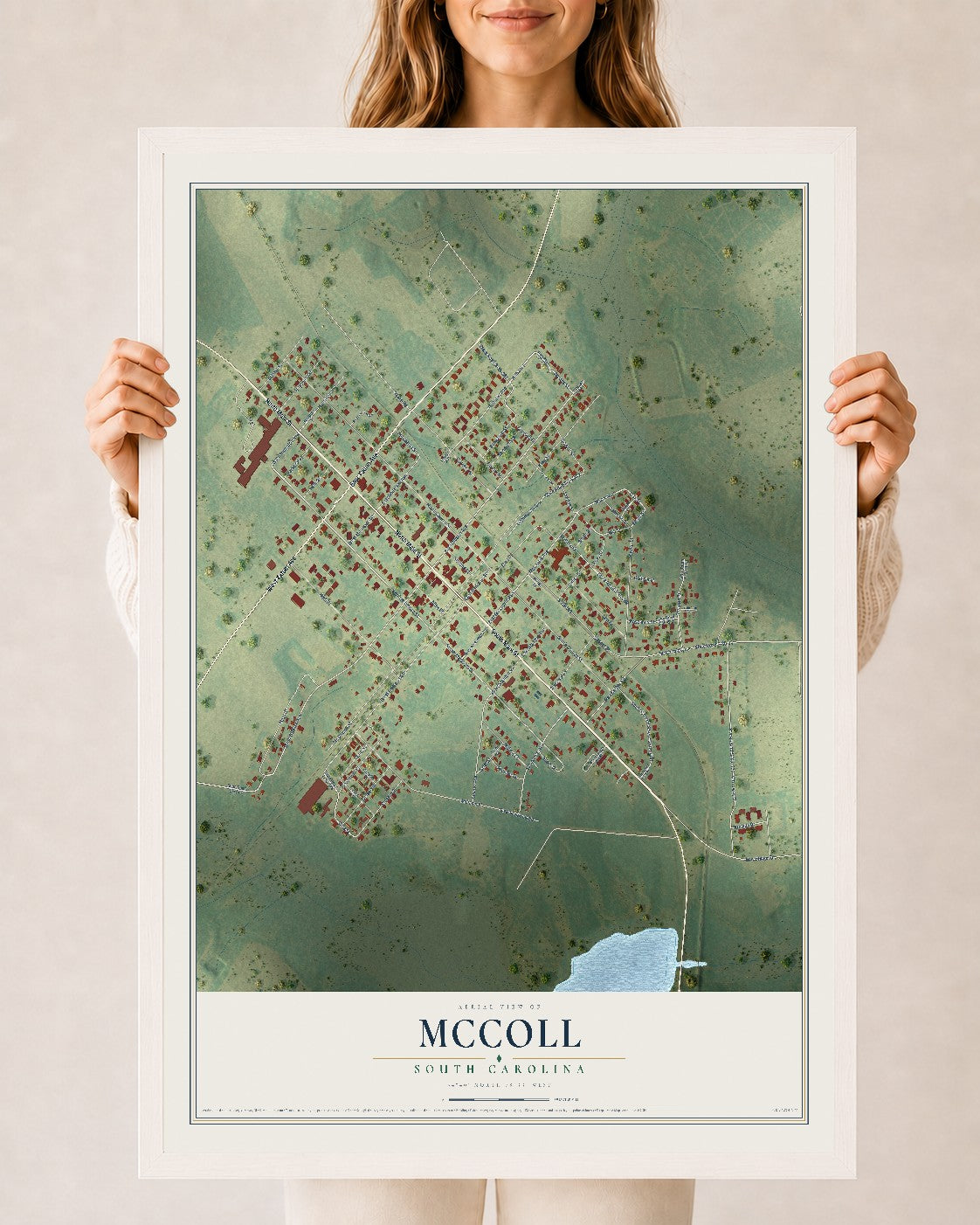 Map of McColl, South Carolina, 24 x 36 inch print in a white wood frame