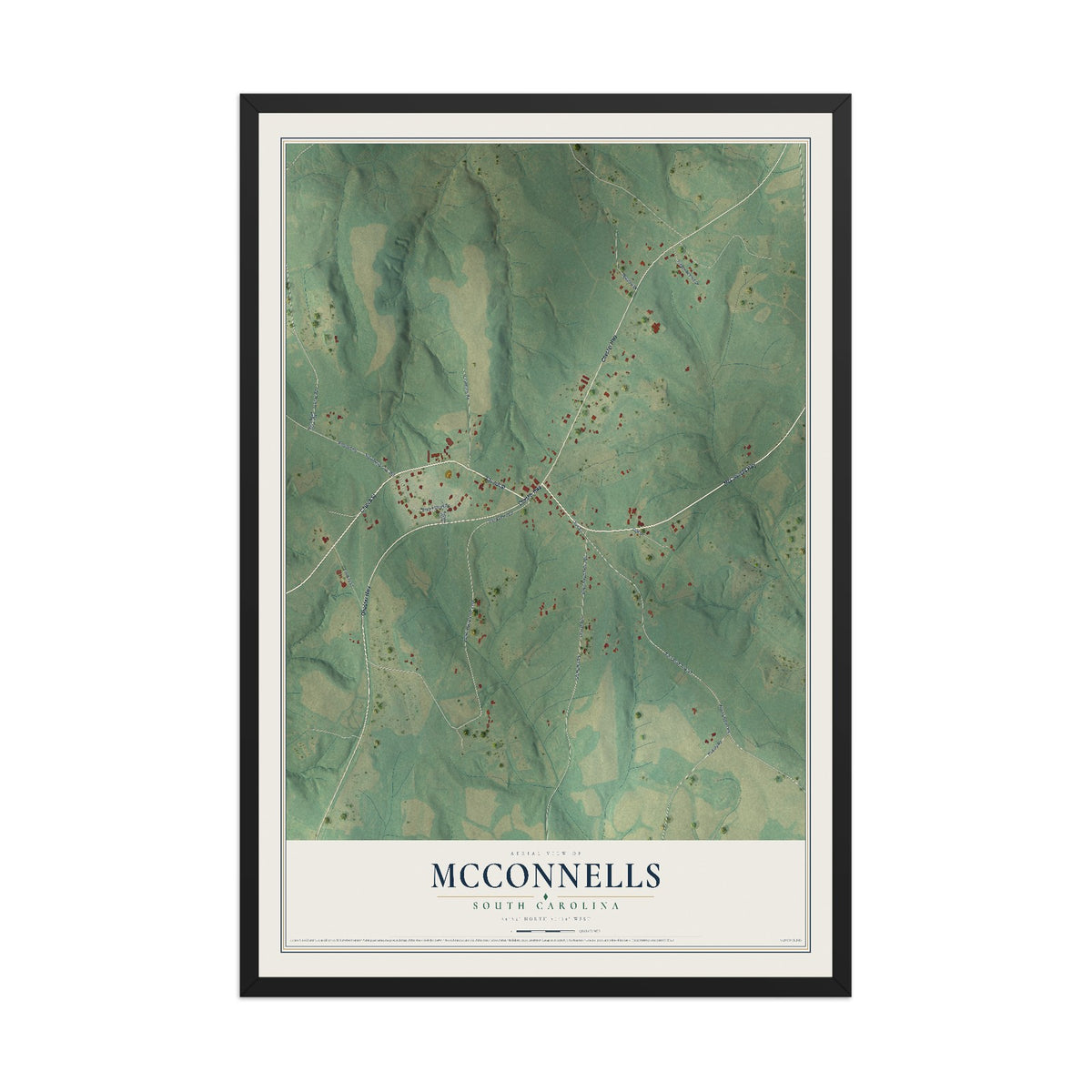 Map of McConnells, South Carolina, 12 x 18 inch print in a black wood frame