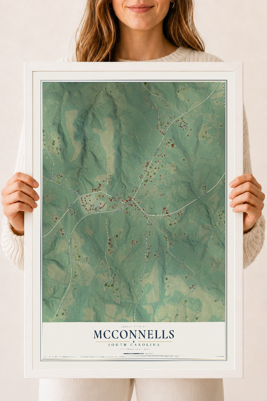 Map of McConnells, South Carolina, 18 x 24 inch print in a white wood frame