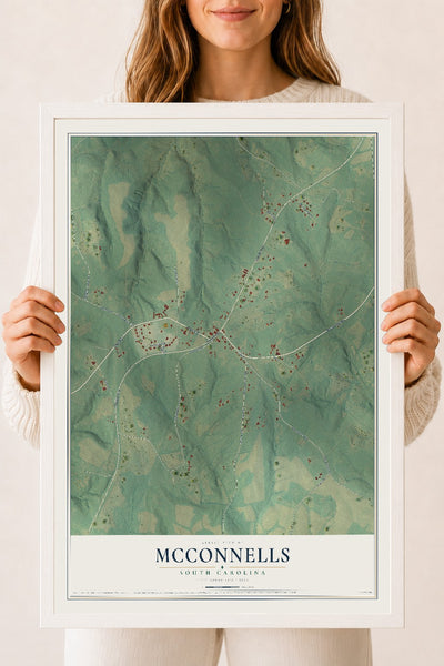 Map of McConnells, South Carolina, 18 x 24 inch print in a white wood frame