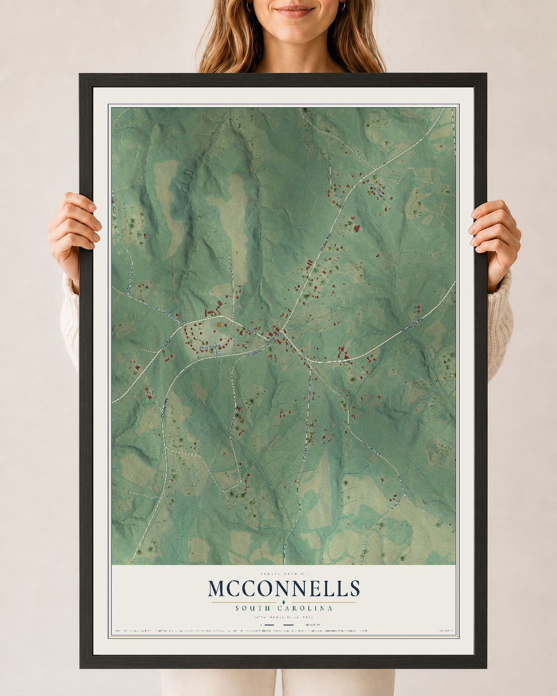 Map of McConnells, South Carolina, 24 x 36 inch print in a black wood frame