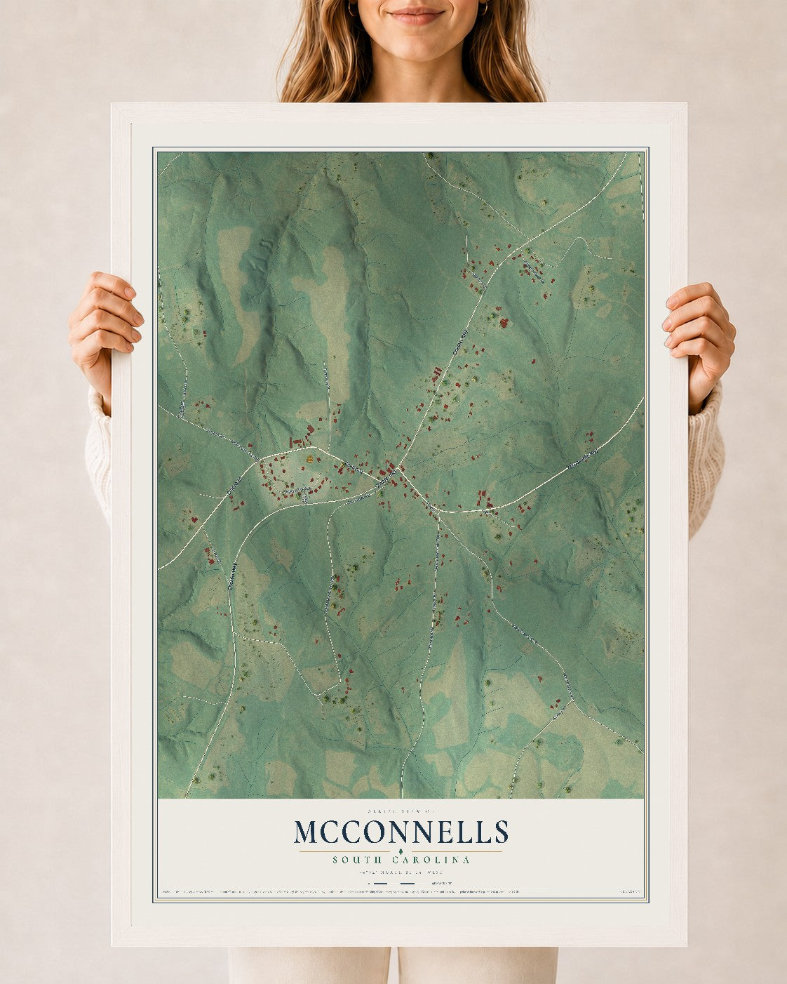 Map of McConnells, South Carolina, 24 x 36 inch print in a white wood frame