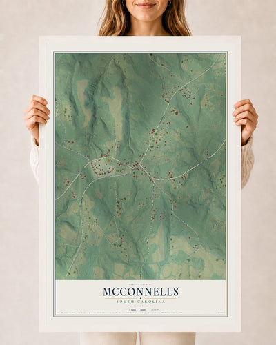Map of McConnells, South Carolina, 24 x 36 inch print in a white wood frame