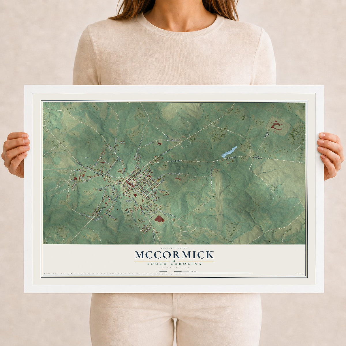 Map of McCormick, South Carolina, 12 x 18 inch print in a white wood frame