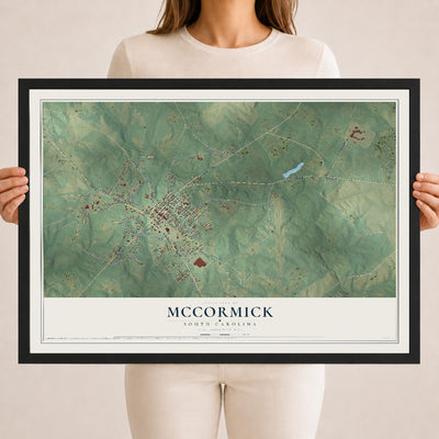 Map of McCormick, South Carolina, 18 x 24 inch print in a black wood frame