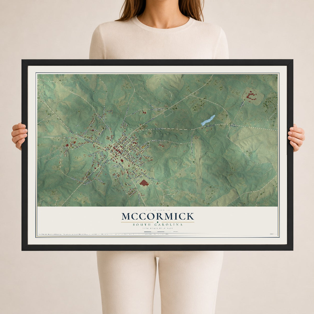 Map of McCormick, South Carolina, 24 x 36 inch print in a black wood frame