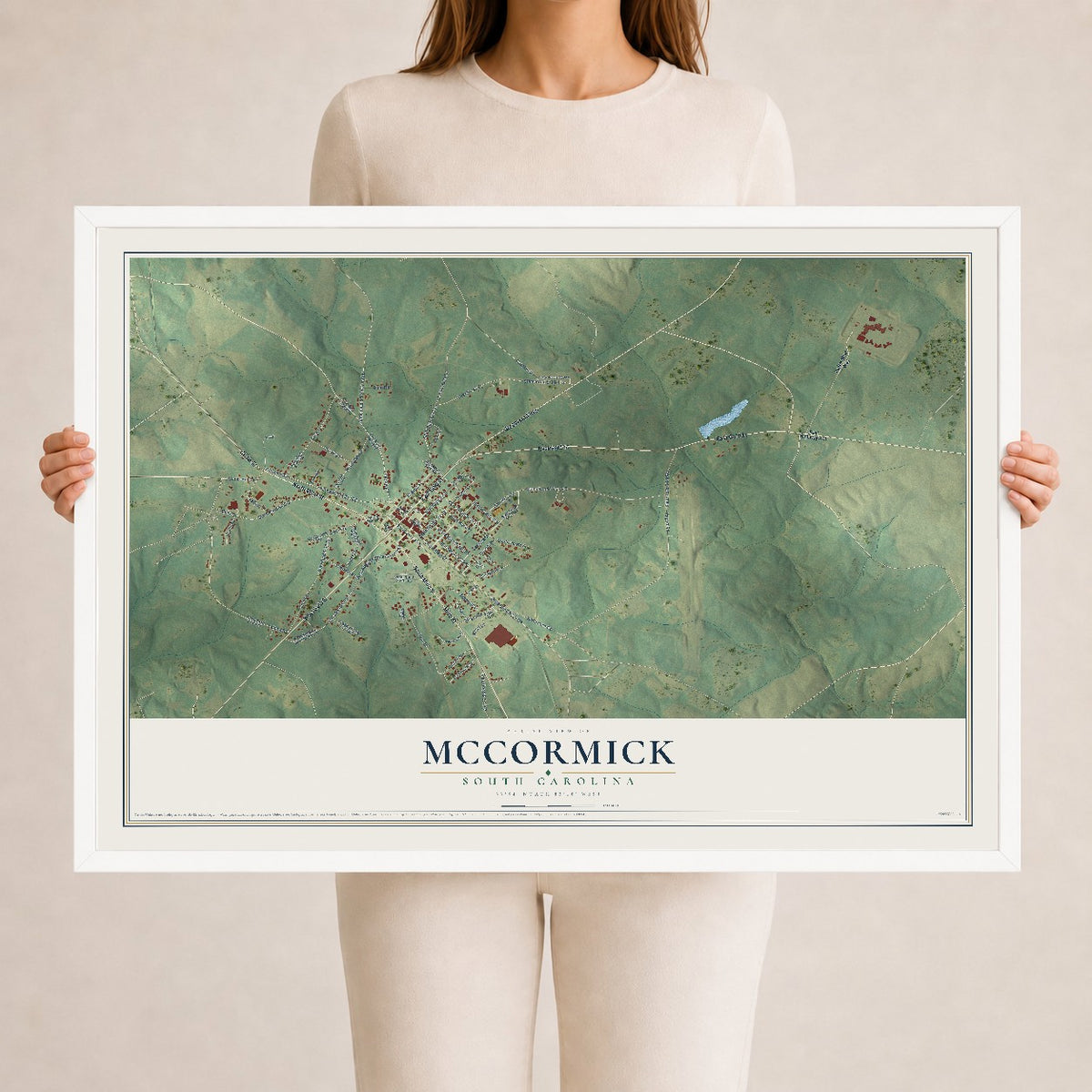 Map of McCormick, South Carolina, 24 x 36 inch print in a white wood frame