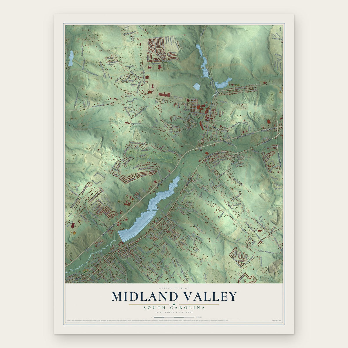 Midland Valley, South Carolina map print, the full design