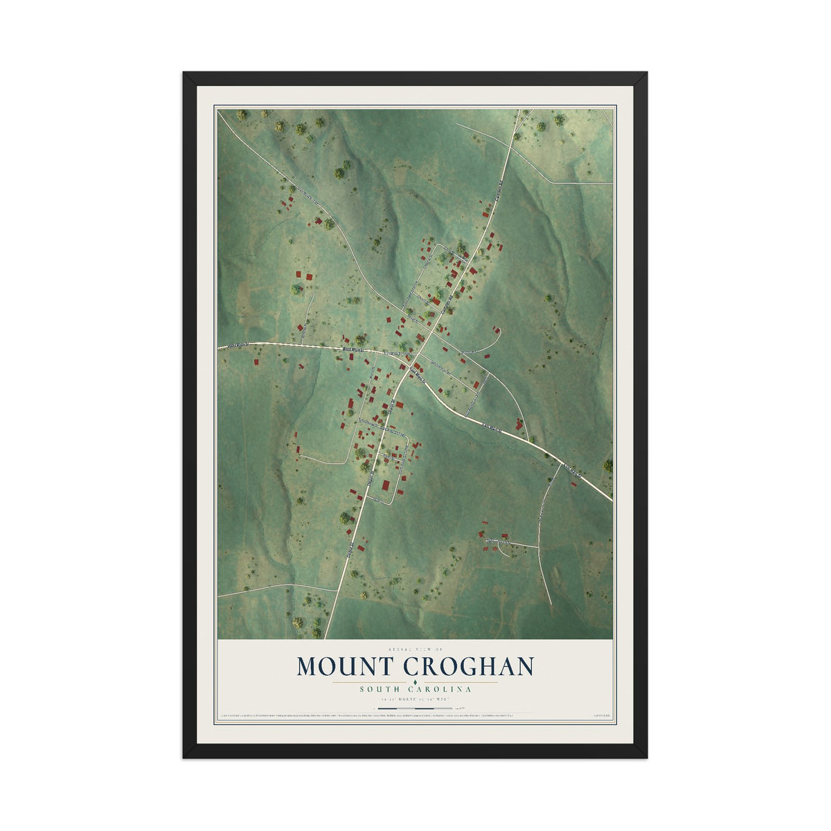 Map of Mount Croghan, South Carolina, 12 x 18 inch print in a black wood frame