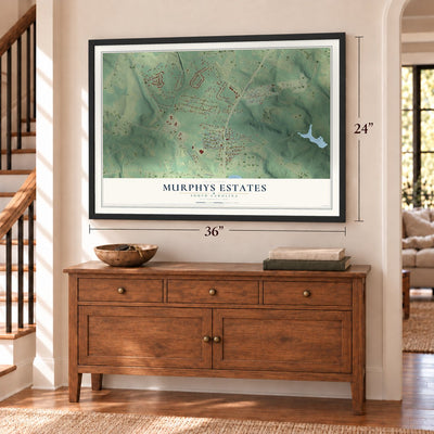 Murphys Estates, South Carolina map, 24 x 36 inch print in a black frame above a dresser by a staircase