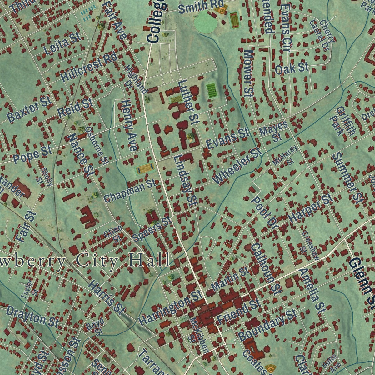 Close-up of the map of Newberry, South Carolina print showing street and building detail