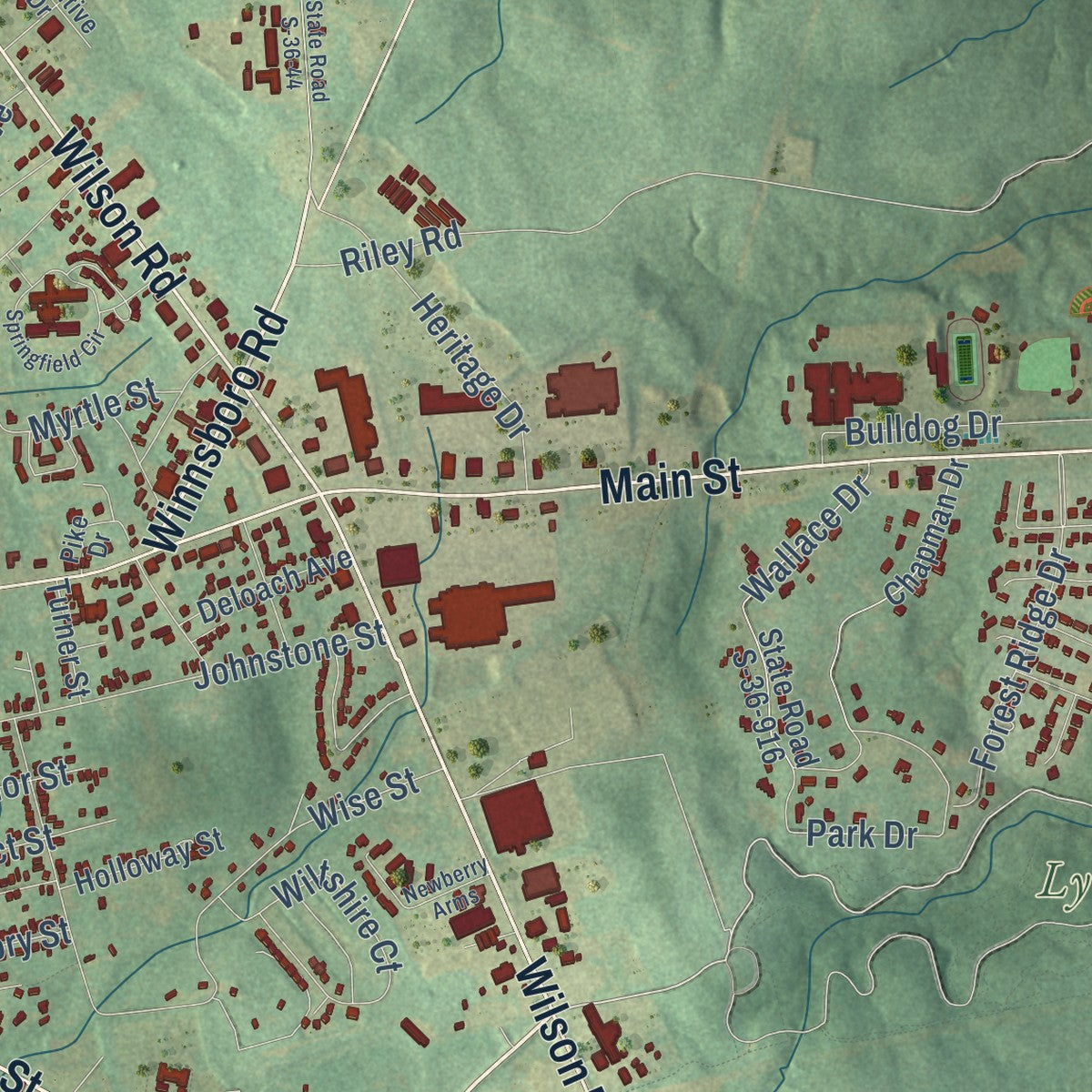 Second close-up of the map of Newberry, South Carolina print showing more streets and buildings