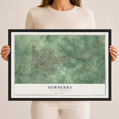 Map of Newberry, South Carolina, 12 x 18 inch print in a black wood frame