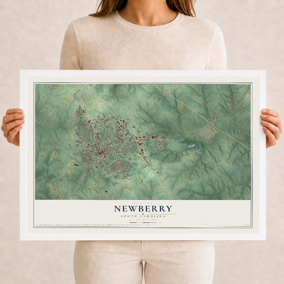 Map of Newberry, South Carolina, 12 x 18 inch print in a white wood frame