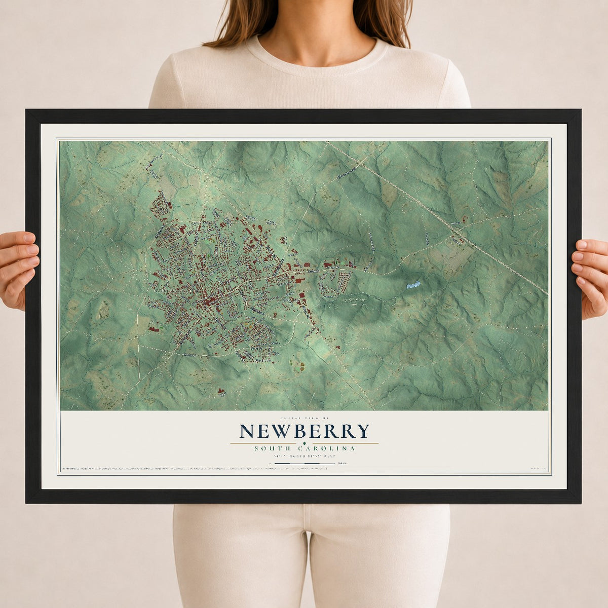 Map of Newberry, South Carolina, 18 x 24 inch print in a black wood frame