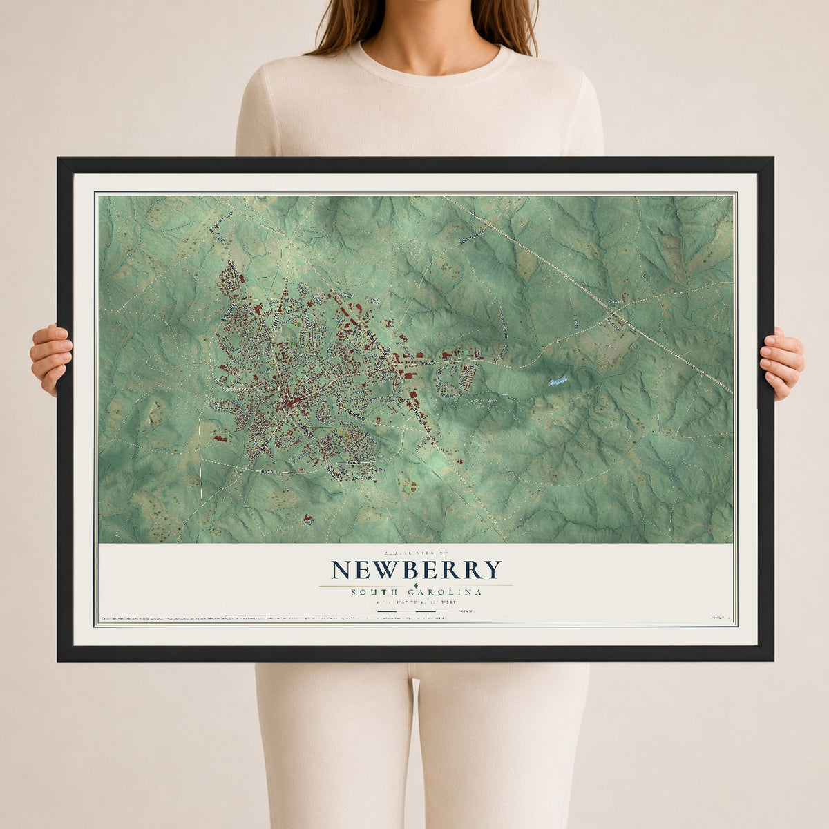 Map of Newberry, South Carolina, 24 x 36 inch print in a black wood frame