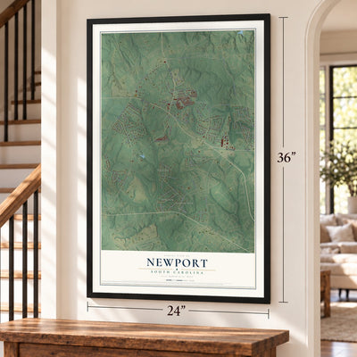 Newport, South Carolina map, 24 x 36 inch print in a black frame by a staircase