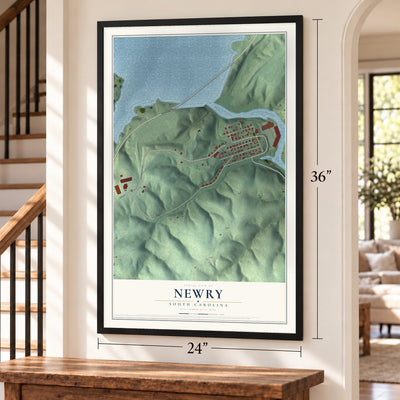 Newry, South Carolina map, 24 x 36 inch print in a black frame by a staircase