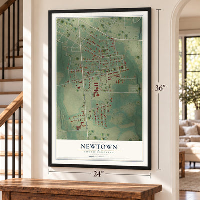 Newtown, South Carolina map, 24 x 36 inch print in a black frame by a staircase