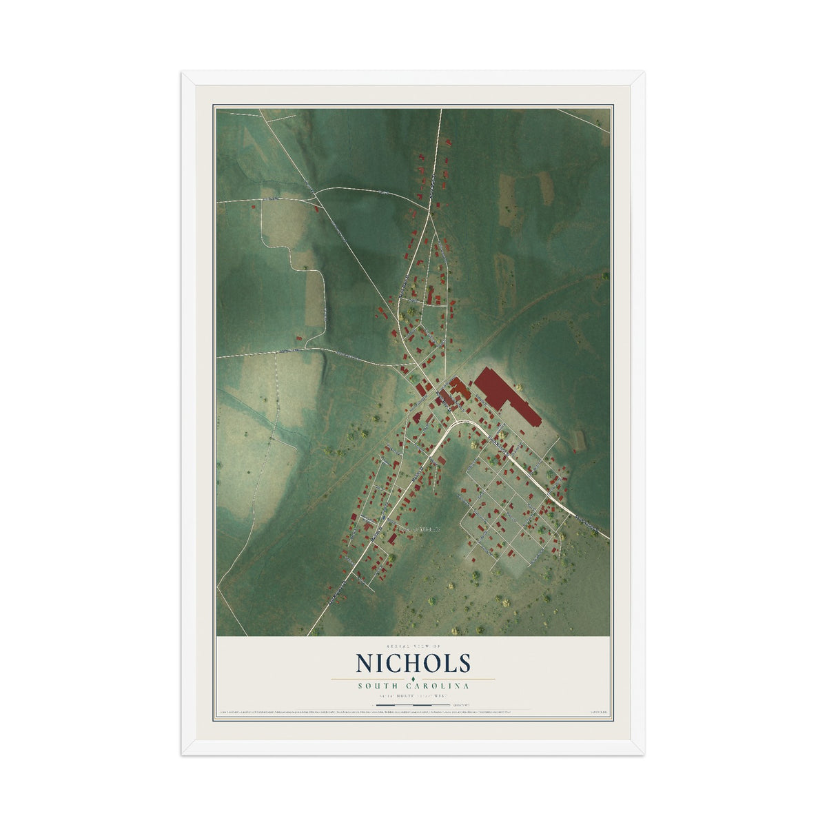 Map of Nichols, South Carolina, 12 x 18 inch print in a white wood frame