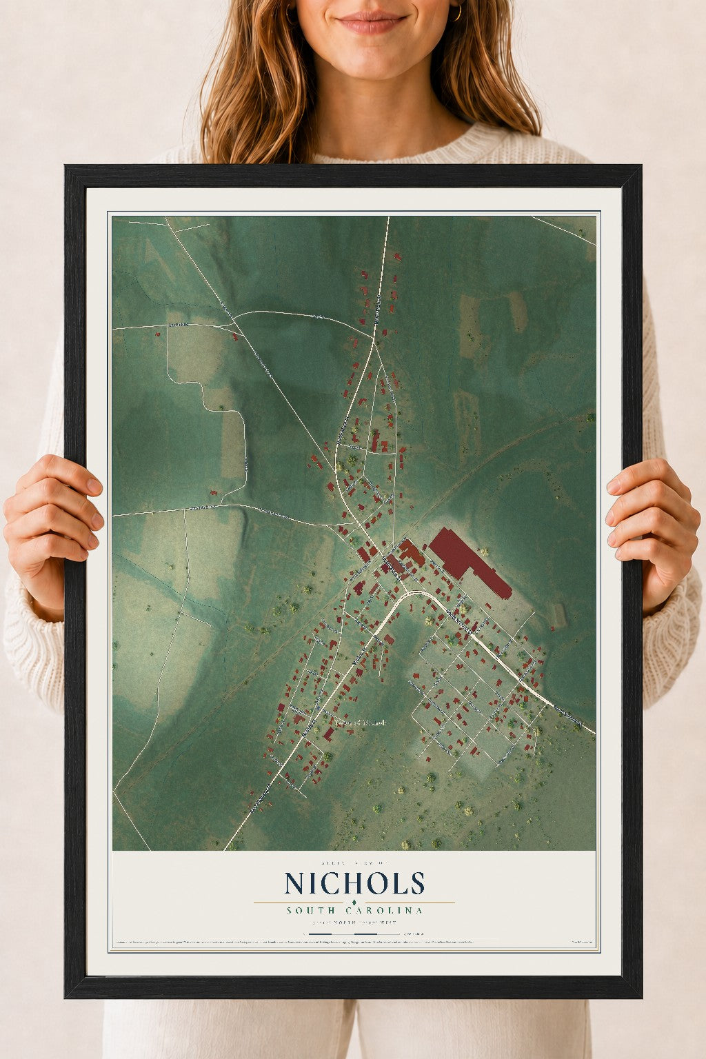 Map of Nichols, South Carolina, 18 x 24 inch print in a black wood frame