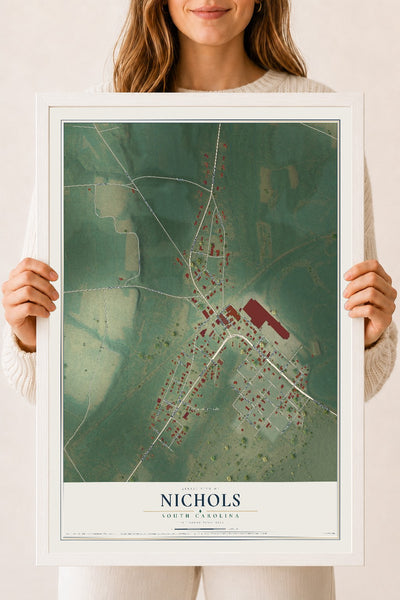 Map of Nichols, South Carolina, 18 x 24 inch print in a white wood frame
