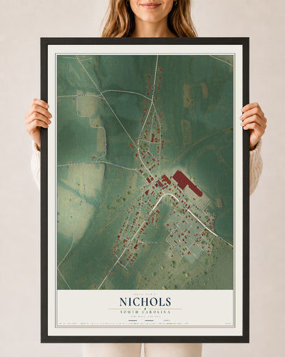 Map of Nichols, South Carolina, 24 x 36 inch print in a black wood frame