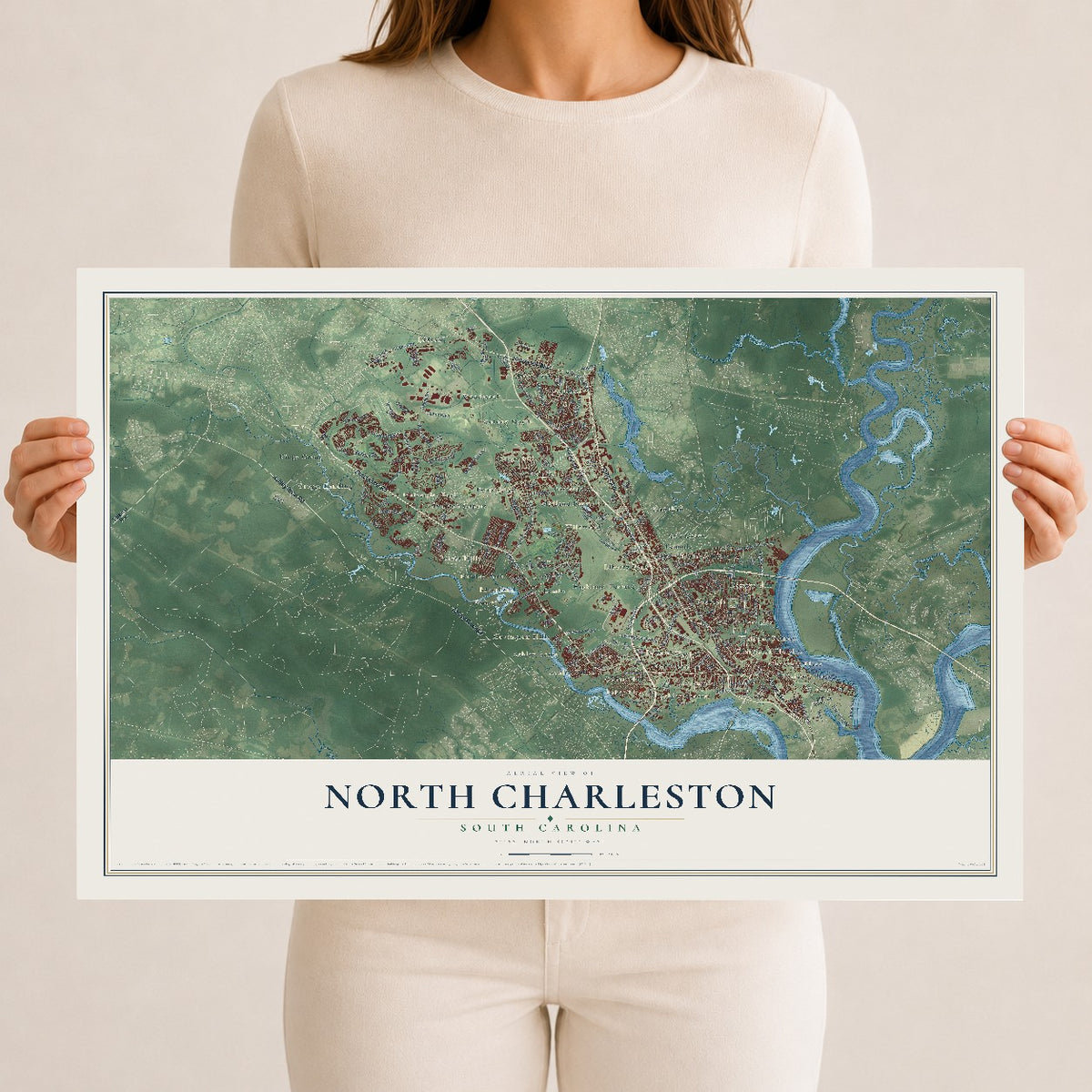 Map of North Charleston, South Carolina, 12 x 18 inch unframed archival matte print