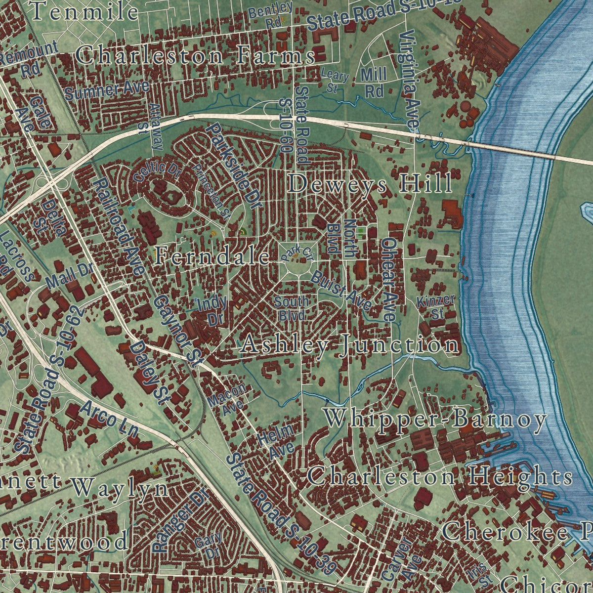Close-up of the map of North Charleston, South Carolina print showing street and building detail