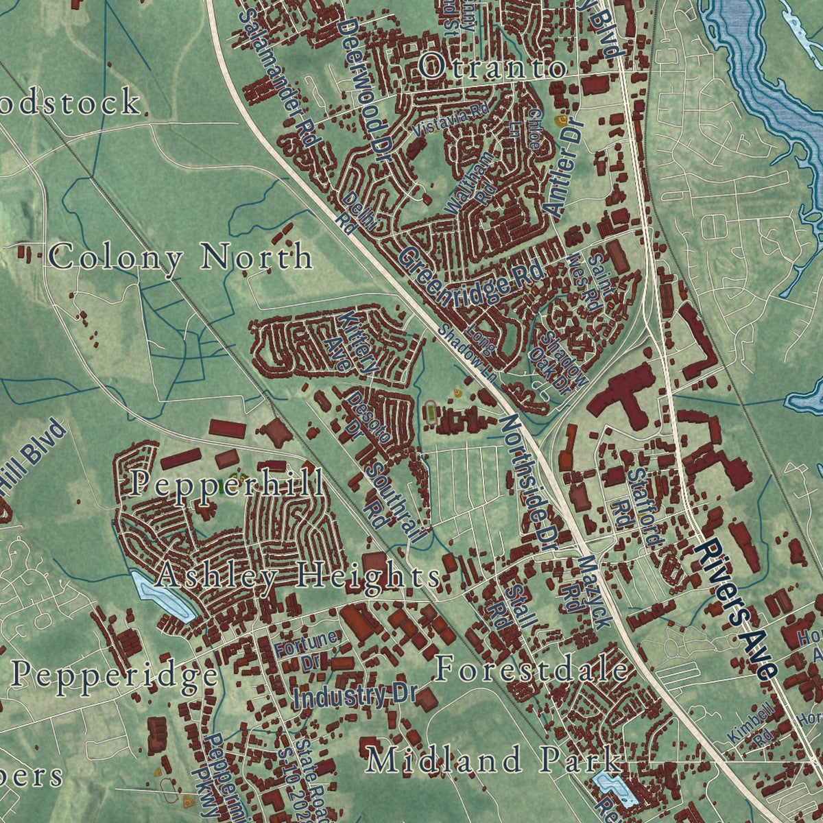 Second close-up of the map of North Charleston, South Carolina print showing more streets and buildings