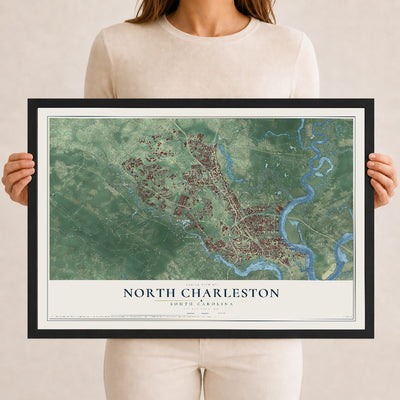 Map of North Charleston, South Carolina, 12 x 18 inch print in a black wood frame