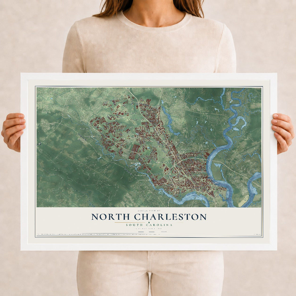 Map of North Charleston, South Carolina, 12 x 18 inch print in a white wood frame