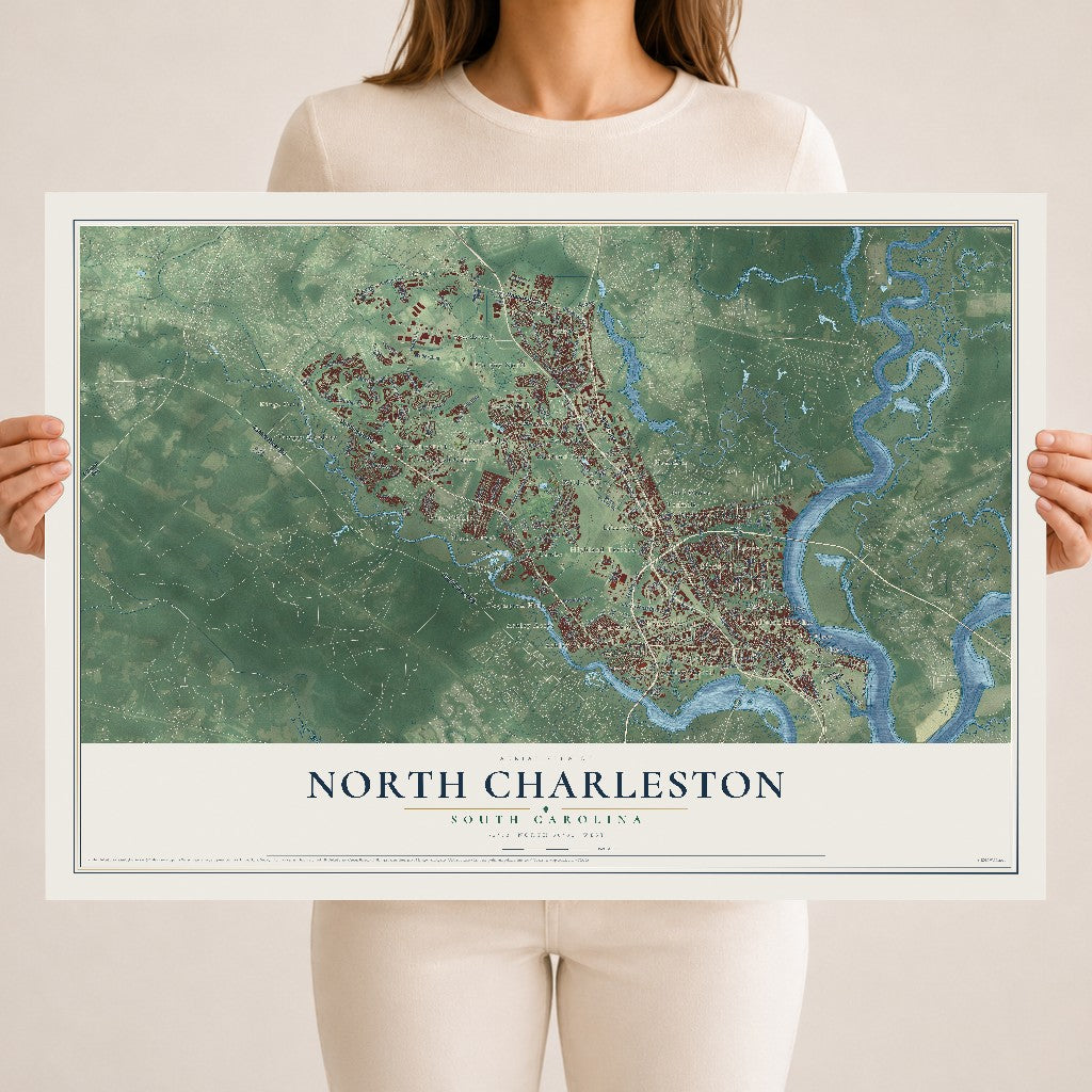 Map of North Charleston, South Carolina, 18 x 24 inch unframed archival matte print