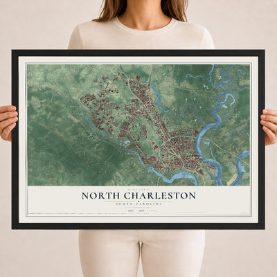 Map of North Charleston, South Carolina, 18 x 24 inch print in a black wood frame