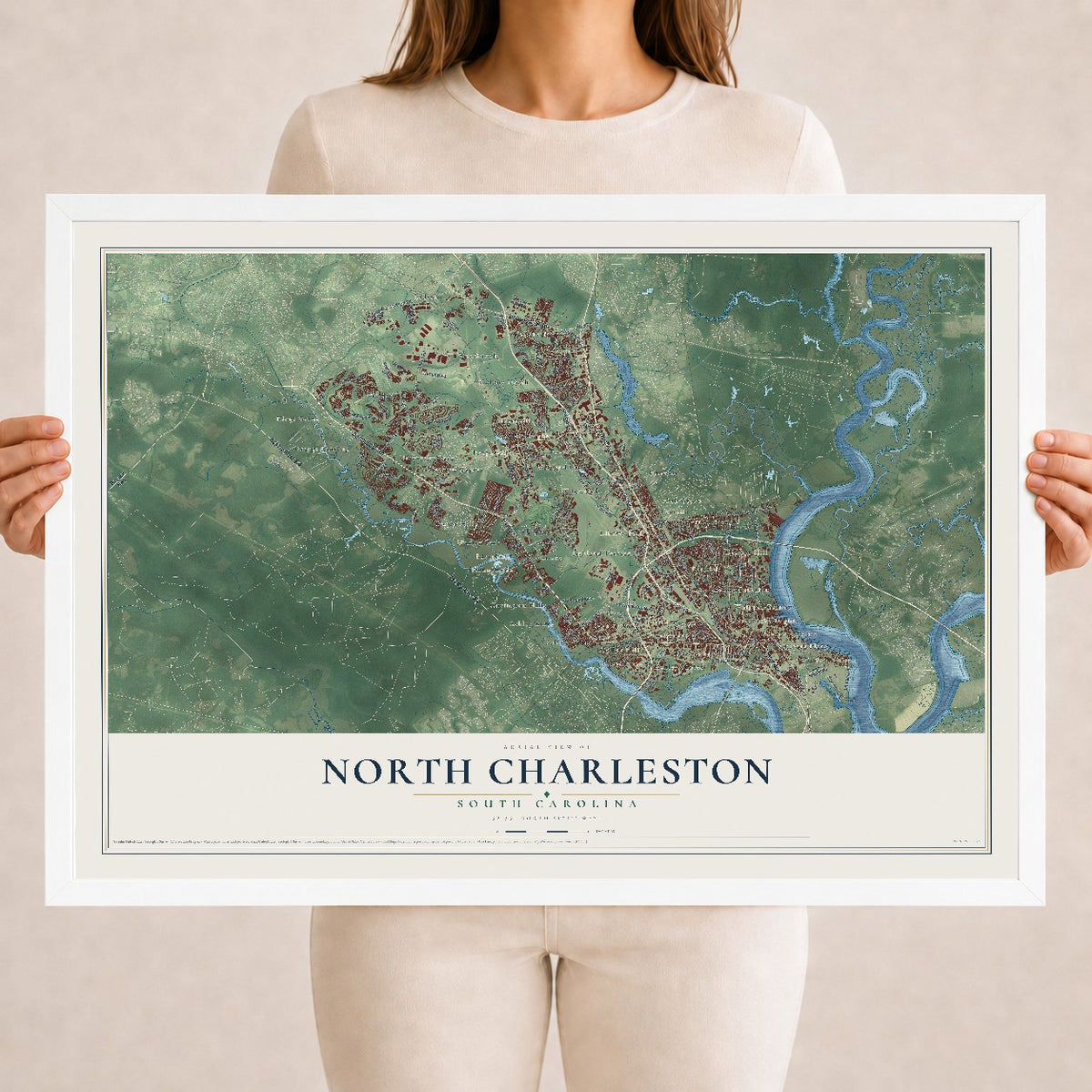 Map of North Charleston, South Carolina, 18 x 24 inch print in a white wood frame