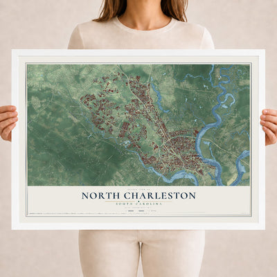 Map of North Charleston, South Carolina, 18 x 24 inch print in a white wood frame