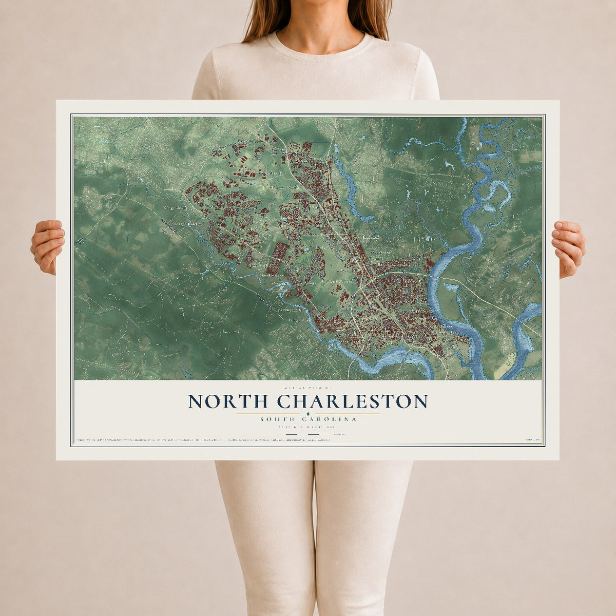 Map of North Charleston, South Carolina, 24 x 36 inch unframed archival matte print