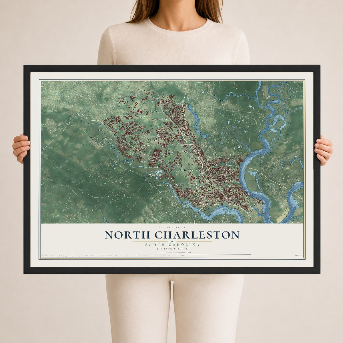 Map of North Charleston, South Carolina, 24 x 36 inch print in a black wood frame